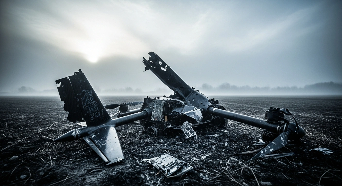 The charred remains of a military drone lie scattered in a field in Romania following a security incident involving Russian-linked airspace violations.