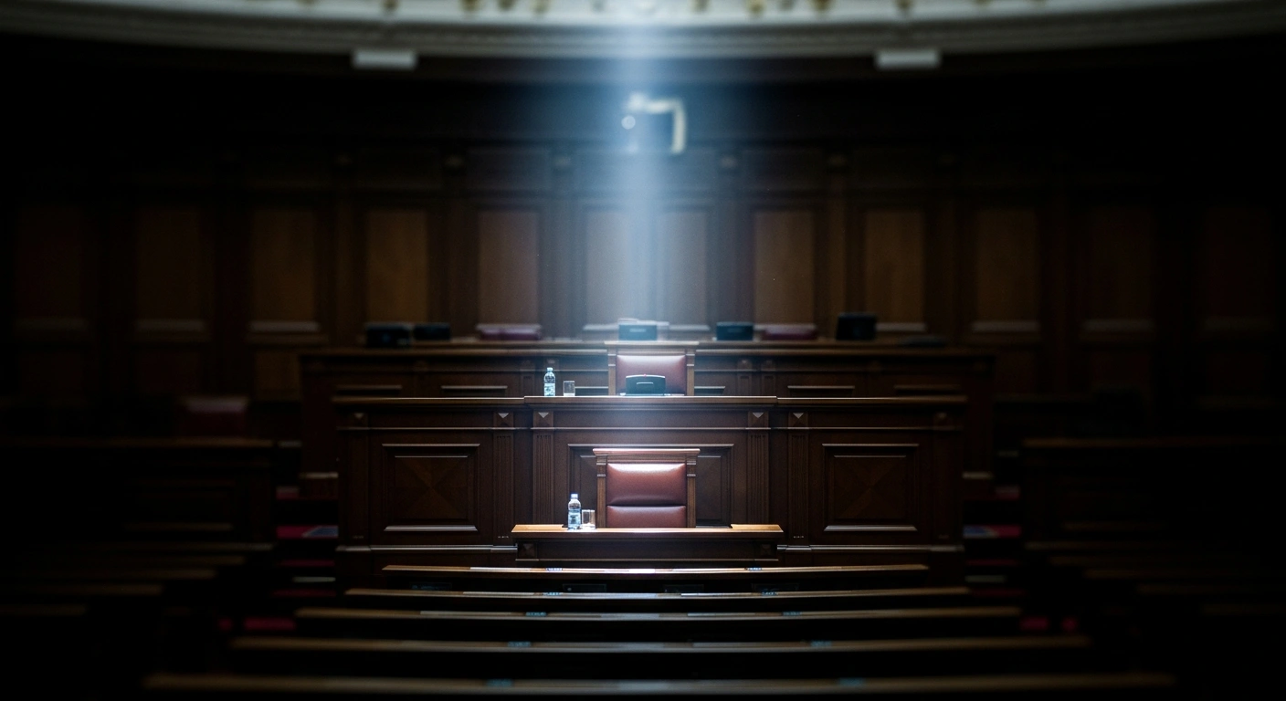 An empty chair sits in the Romanian Parliament chamber following the ousting of Prime Minister Ilie Bolojan after a no-confidence vote.