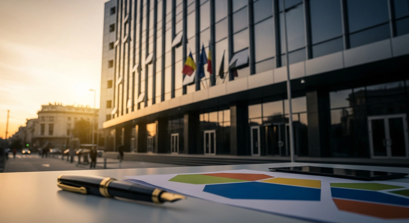 A professional desk with financial charts sits in front of a modern government building in Romania, representing the country's public budget deficit for early 2026.
