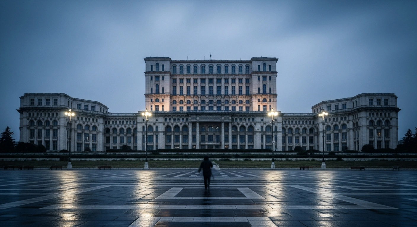 The Romanian Parliament building stands under a dark, cloudy sky following the ousting of Prime Minister Ilie Bolojan's government in a no-confidence vote.