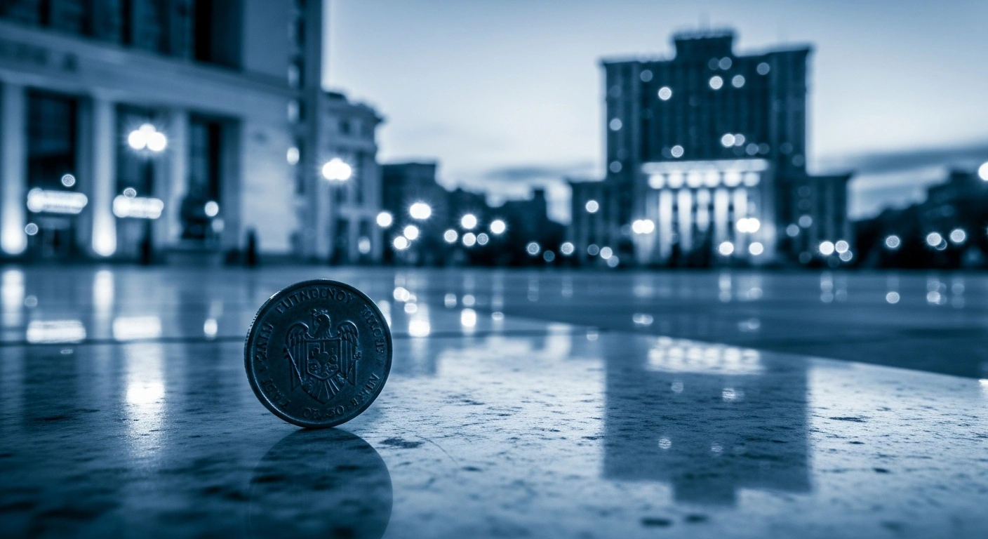 A symbolic representation of the Romanian leu currency facing a historic decline against the euro amidst political instability in Romania.