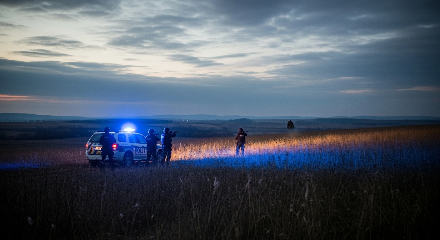 Romanian police officers conduct a search operation in a rural area after a prisoner escaped custody in Dolj county.