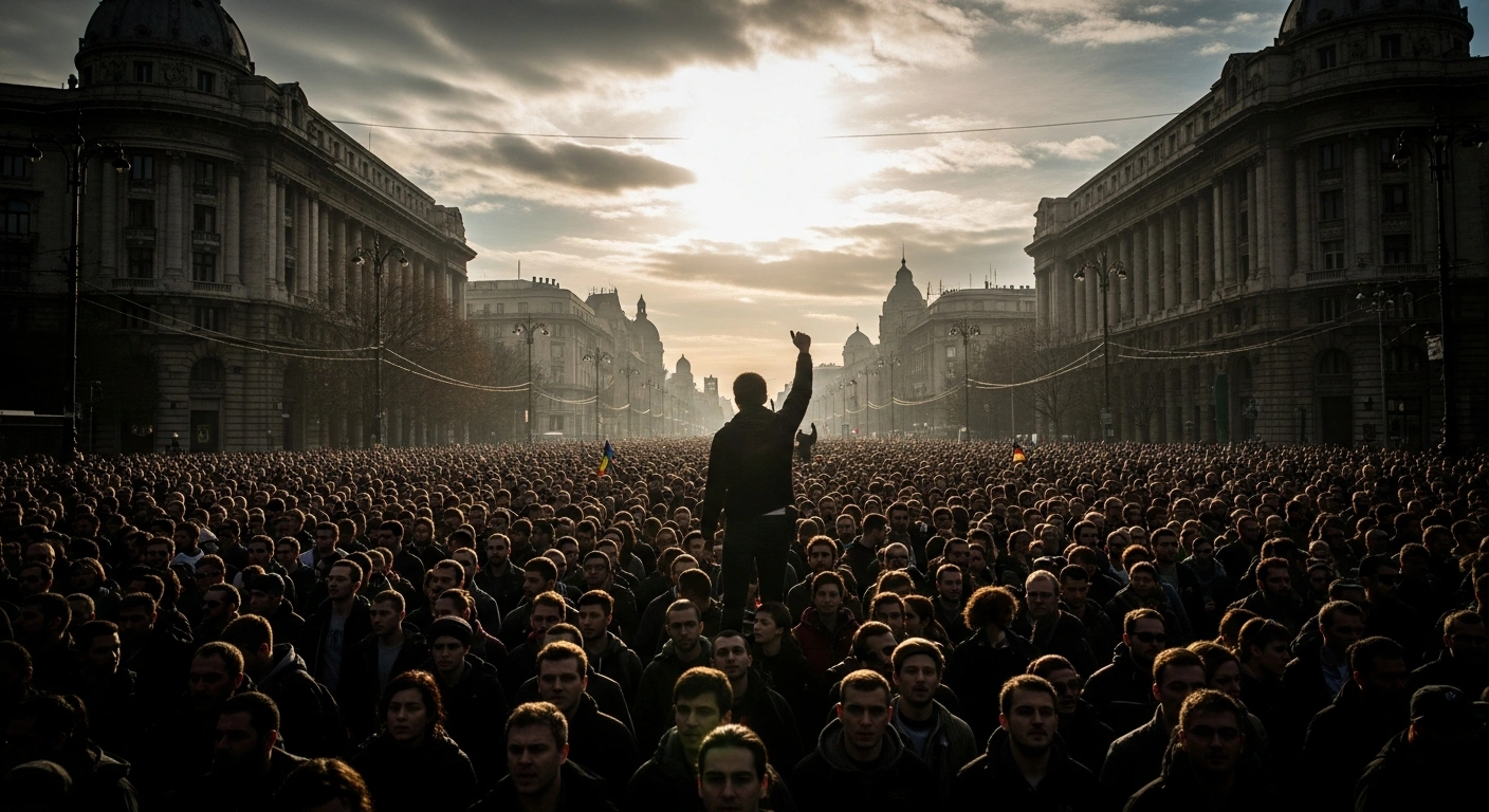 Thousands of Romanians, led by the National Trade Union Bloc, are shown marching in a massive protest in Bucharest against government austerity measures, demanding higher wages, tax reductions, and an end to public sector job cuts.