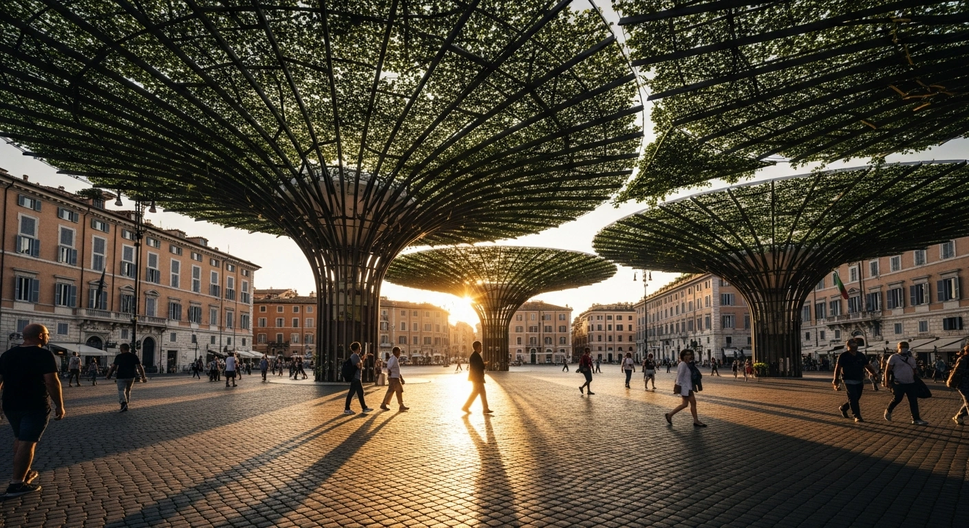 A modern bioclimatic tree stands in Rome's Piazza dei Cinquecento to provide shade and cooling for pedestrians during a summer heat wave.