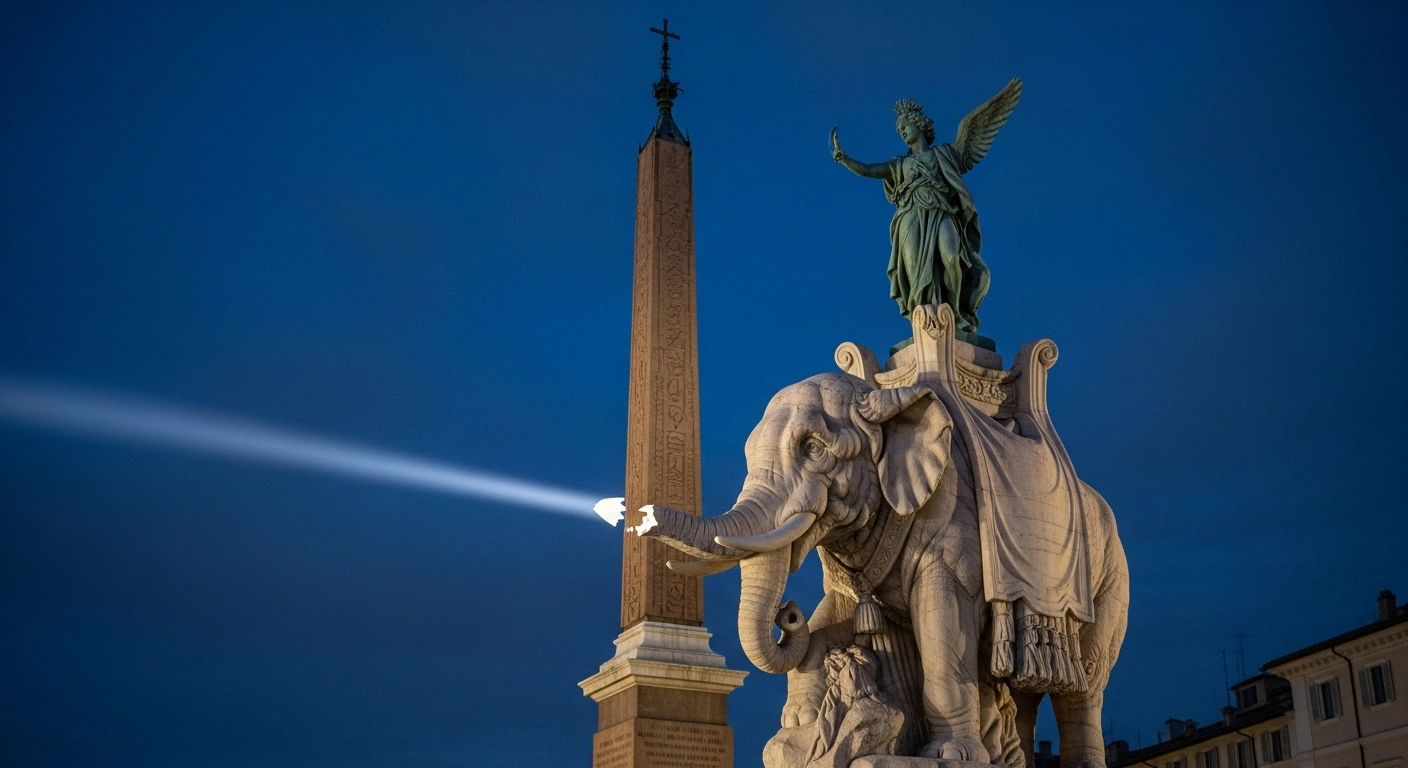 A low-angle, late-evening photograph of Gian Lorenzo Bernini's Elephant and Obelisk sculpture in Rome's Piazza della Minerva, illuminated by a spotlight, clearly showing its left tusk snapped off.