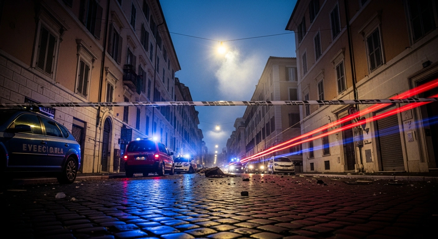 Emergency responders investigate the scene of a fatal explosion in a residential area of Rome linked to anarchist militant activity.