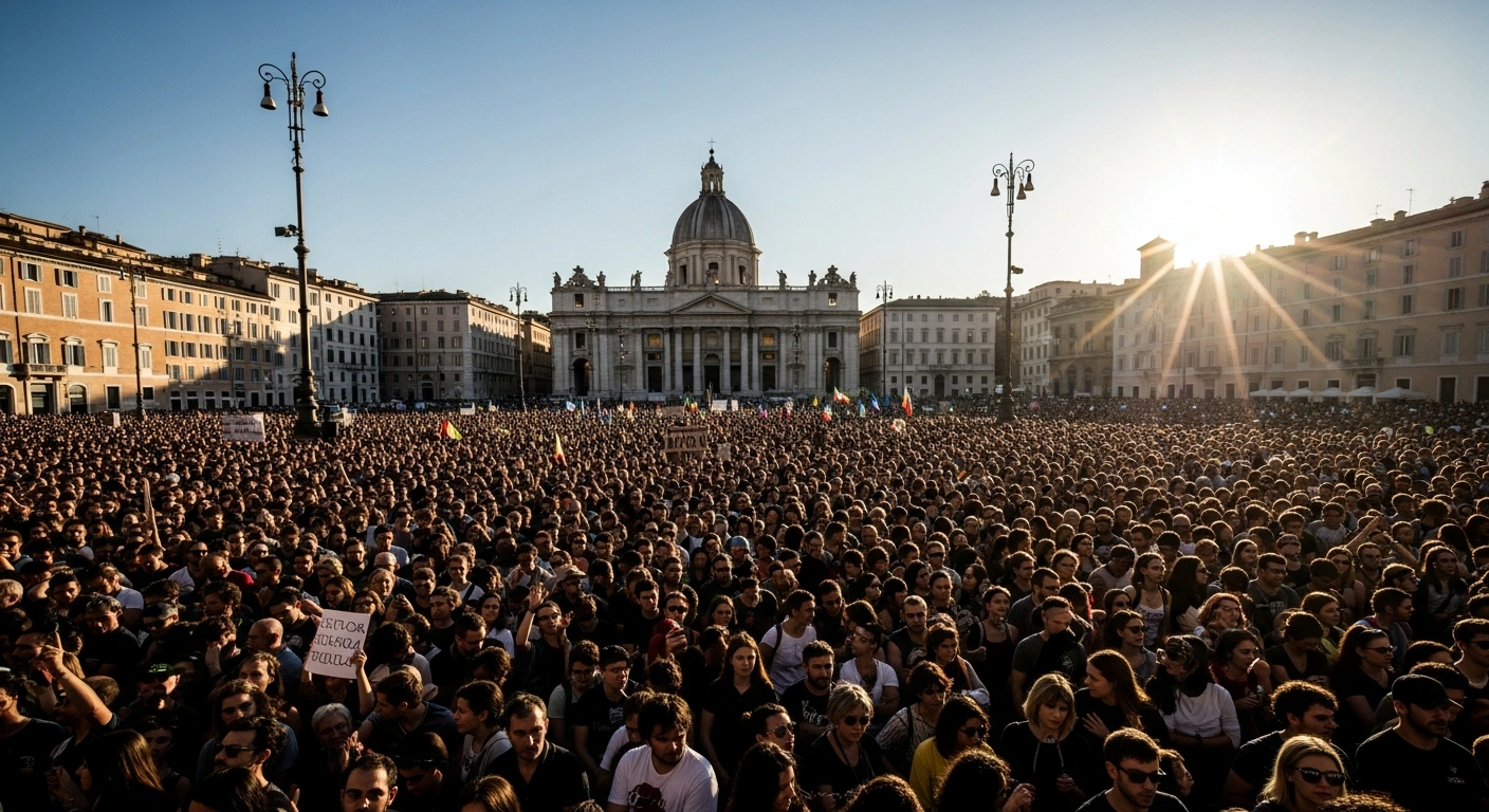 A vast crowd of tens of thousands of protestors fills a historic square in Rome under a golden sky, demonstrating for a Gaza ceasefire and expressing solidarity with Palestinians, while also criticizing Italy's 2026 budget.