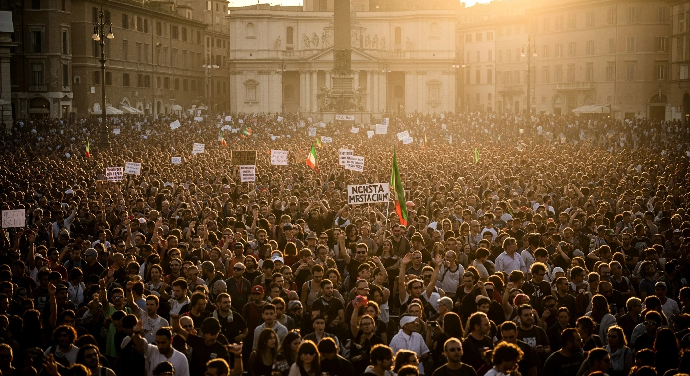 A vast crowd of thousands of demonstrators, including prominent figures like Greta Thunberg and Francesca Albanese, fills a historic Roman piazza at dusk, their faces illuminated by the fading light as they rally for a Gaza ceasefire and protest Italy's 2026 budget.