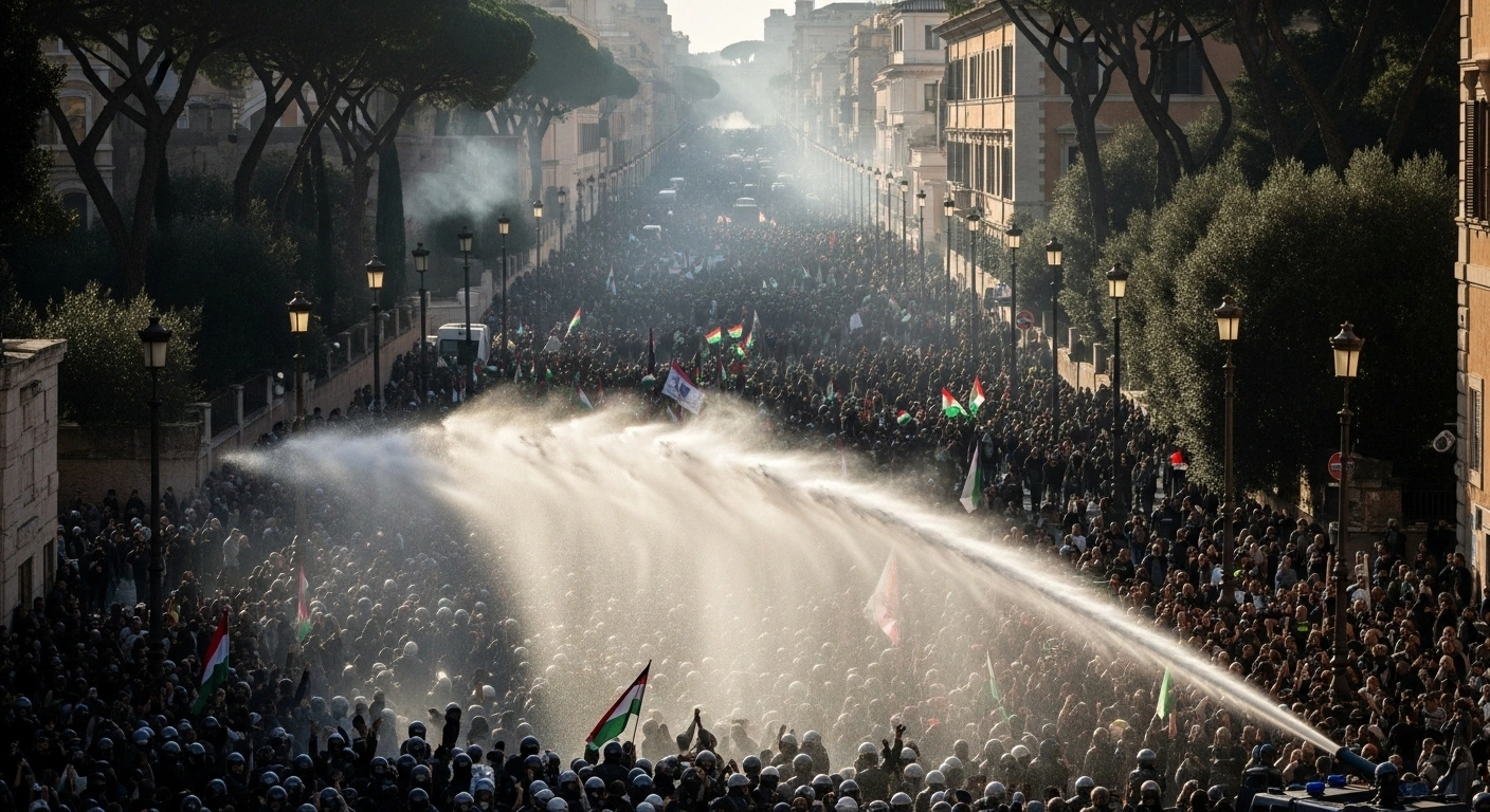 A wide-angle shot shows hundreds of thousands of protestors filling a historic Roman street, with police deploying a water cannon and tear gas amidst clashes during demonstrations against Israel's interception of an aid flotilla to Gaza.