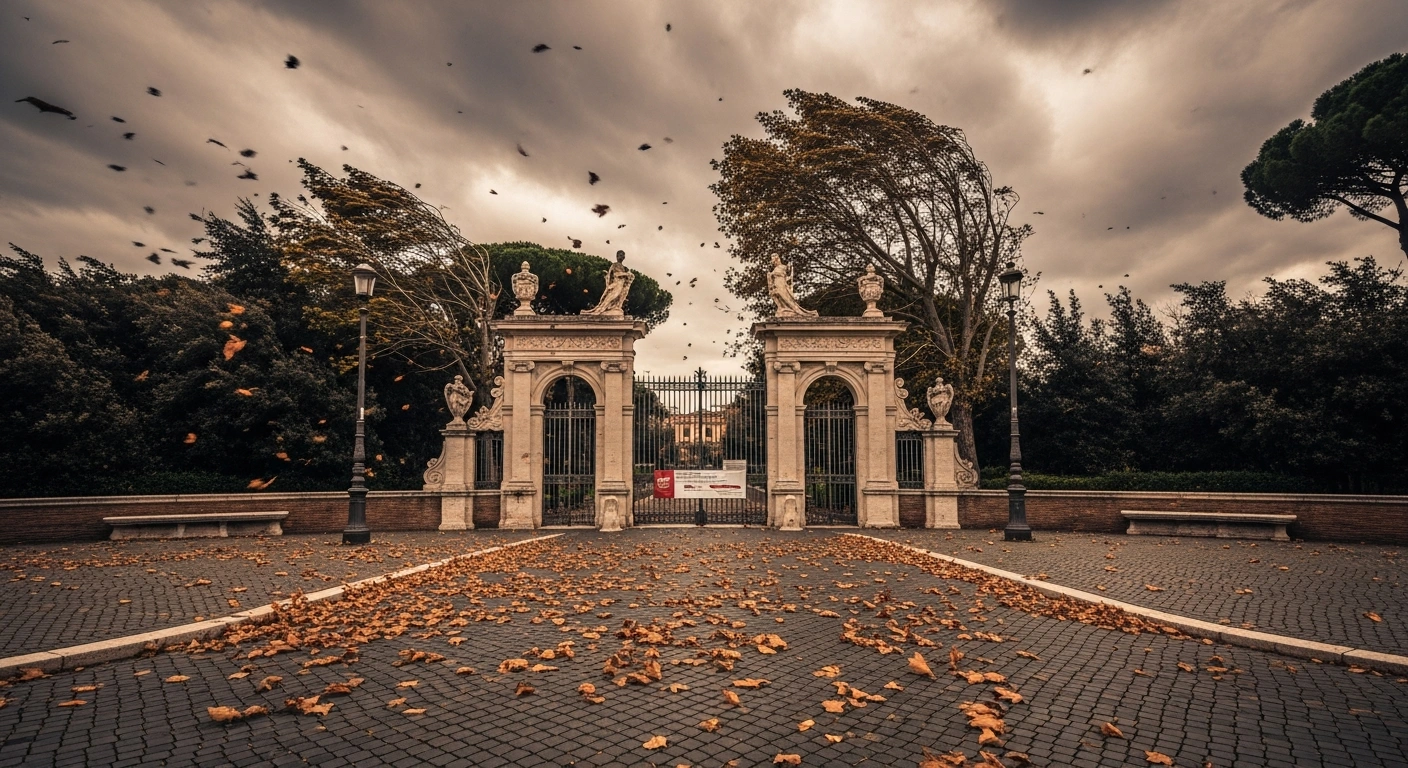 The ornate, closed gates of a historic Roman park stand deserted under a stormy, overcast sky, with wind-swept trees and leaves, symbolizing the city's closure of parks and villas by Mayor Roberto Gualtieri due to strong wind warnings for public safety.