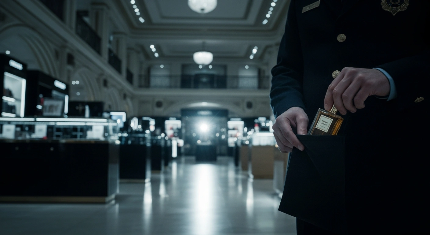 A uniformed police officer or Carabinieri is depicted discreetly placing a luxury perfume bottle into a bag amidst racks of high-end clothing and perfumes inside a dimly lit department store, visually representing the systematic theft scandal involving officers and store staff at a Coin store in Rome's Termini central rail station.