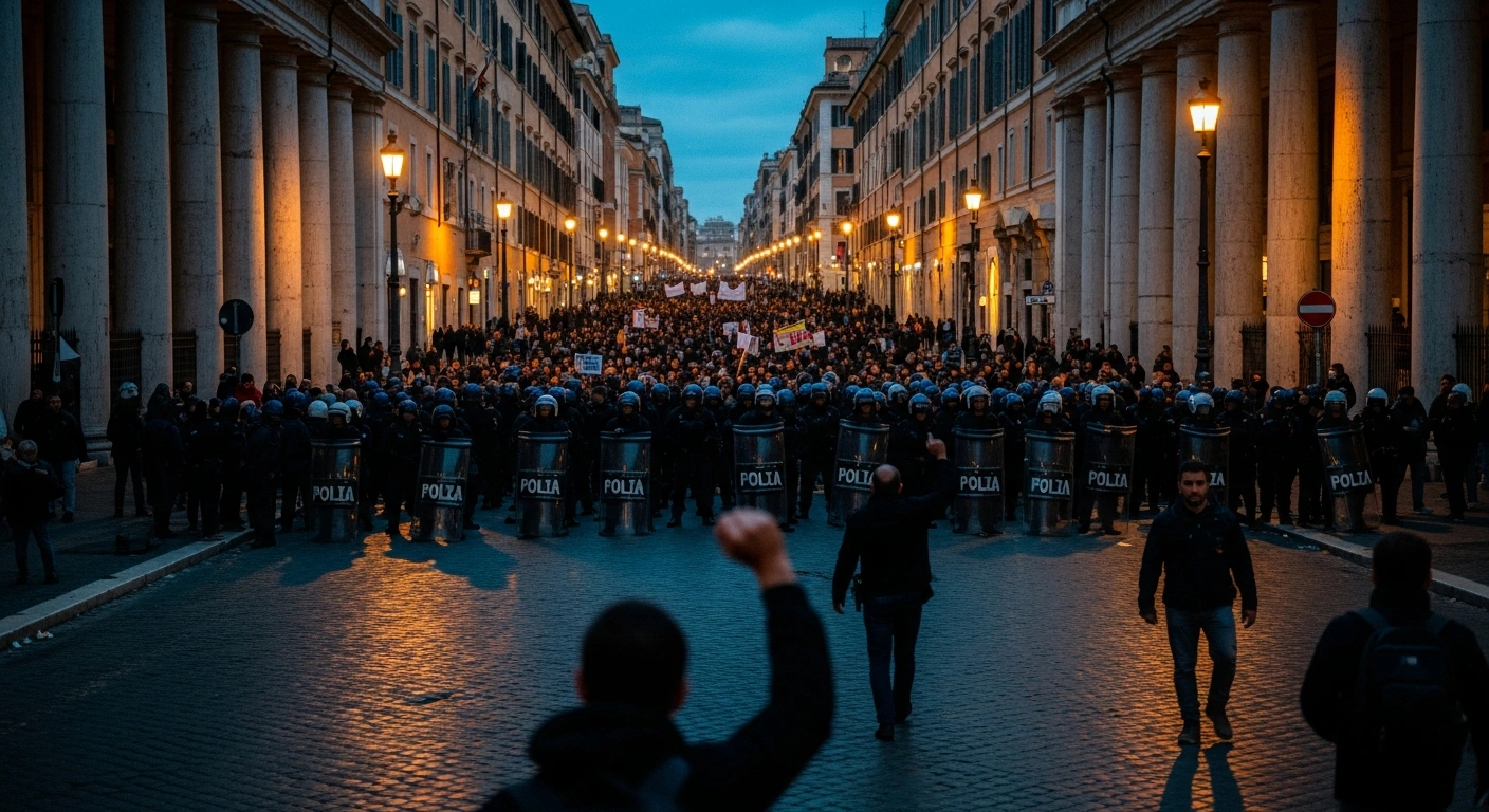 Protesters march through the streets of Rome to demonstrate against United States foreign policy during a visit by Secretary of State Marco Rubio.