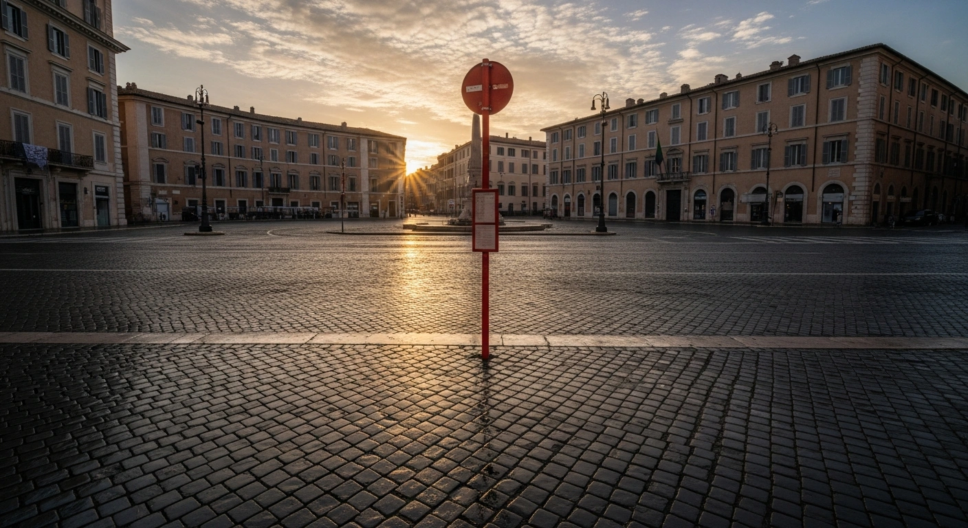 A deserted Roman piazza at dawn, featuring an empty bus stop pole and classical architecture, visually representing the 24-hour public transport strike in Rome on November 14, 2025, called by unions over working conditions and outsourcing.