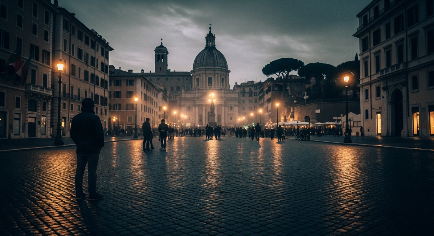 A wide-angle view of a Roman piazza during a security alert, showing empty streets and a distant gathering of people near historic buildings.