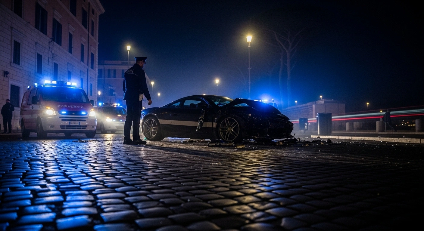 A somber scene on Rome's Via Cristoforo Colombo shows the mangled wreckage of a luxury sports car illuminated by emergency vehicle lights, depicting the aftermath of a high-speed collision where a 20-year-old woman died and three others were injured, with authorities investigating a possible illegal street race.