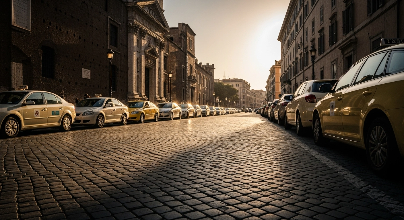A row of idle yellow taxis parked on a cobblestone street in Rome during a nationwide strike protesting ride-sharing services.