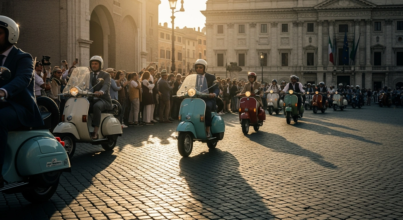 A large group of enthusiasts rides vintage Vespa scooters through a historic Roman piazza during an international celebration of the vehicle's 80th anniversary.