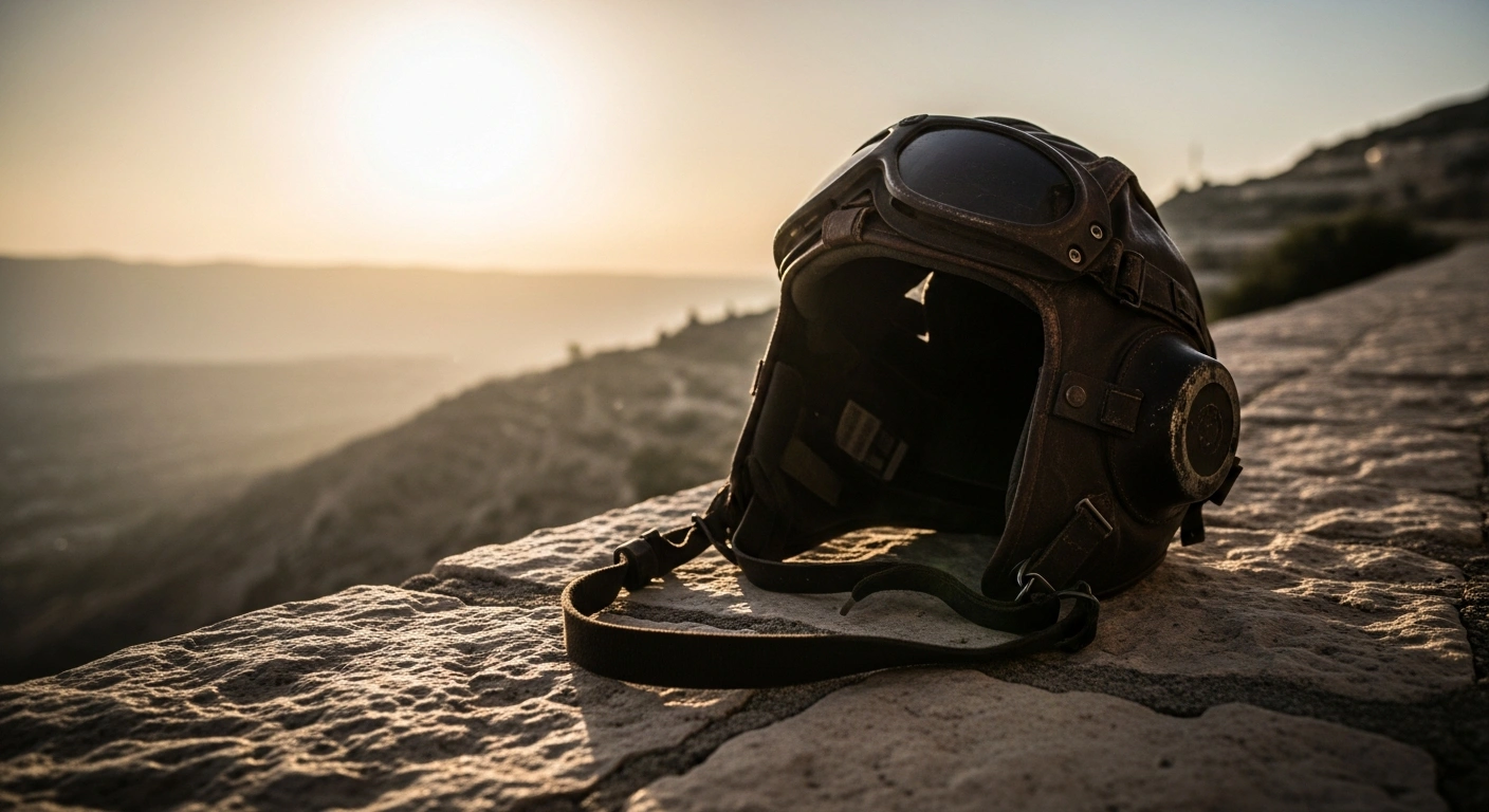 A vintage Israeli Air Force pilot helmet sits on a stone ledge, symbolizing the long-standing search for the remains of missing pilot Ron Arad.
