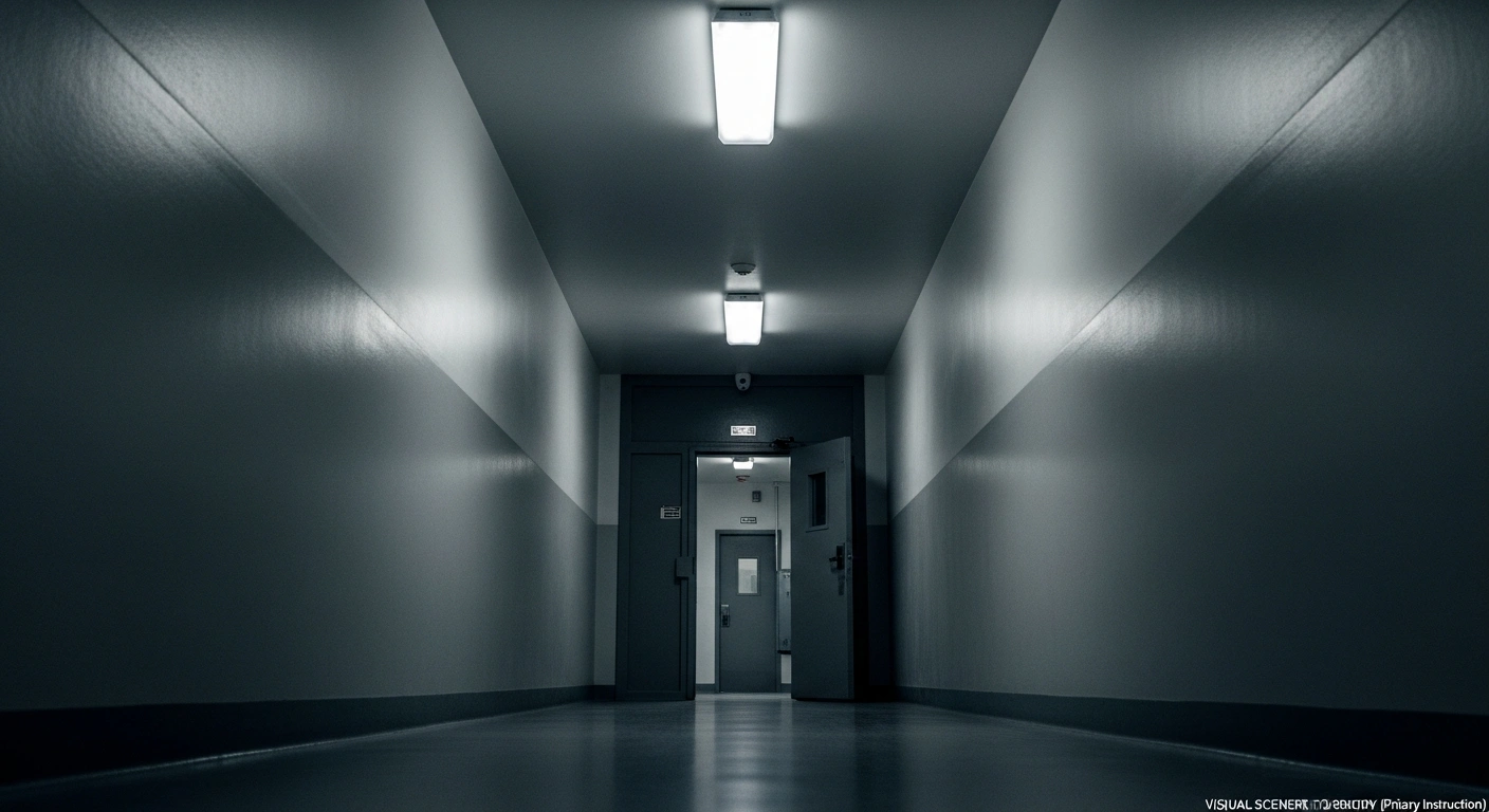 A long, sterile corridor within Florida State Prison, illuminated by harsh fluorescent lights, leads to a heavy steel door, symbolizing the impending execution of Ronald Palmer Heath by lethal injection on February 10, 2026, for the 1989 murder of Michael Sheridan.