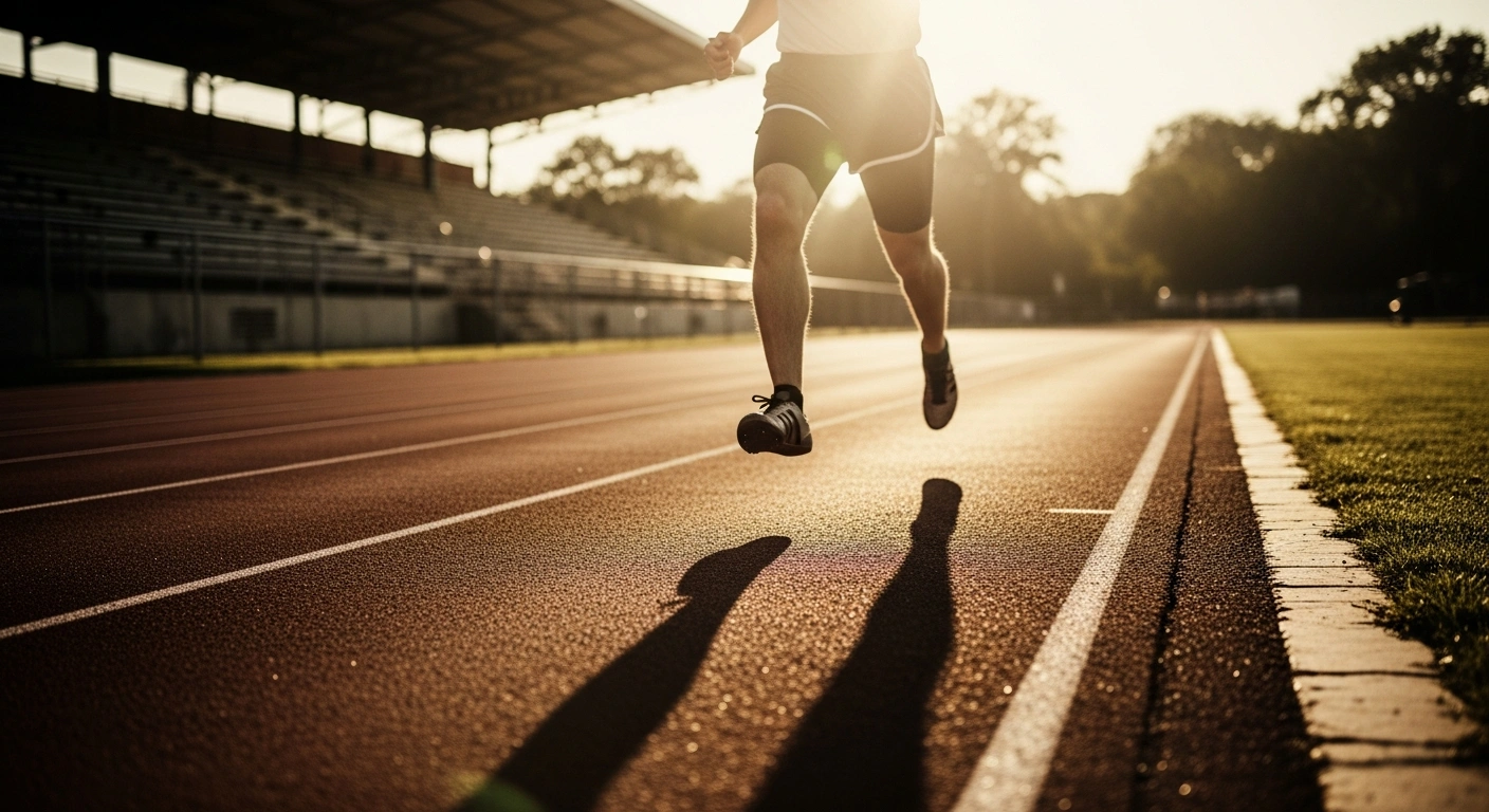 A vintage-style photograph of an athlete running on a track, representing the historic 1956 Olympic gold medal victory of Irish runner Ronnie Delany.