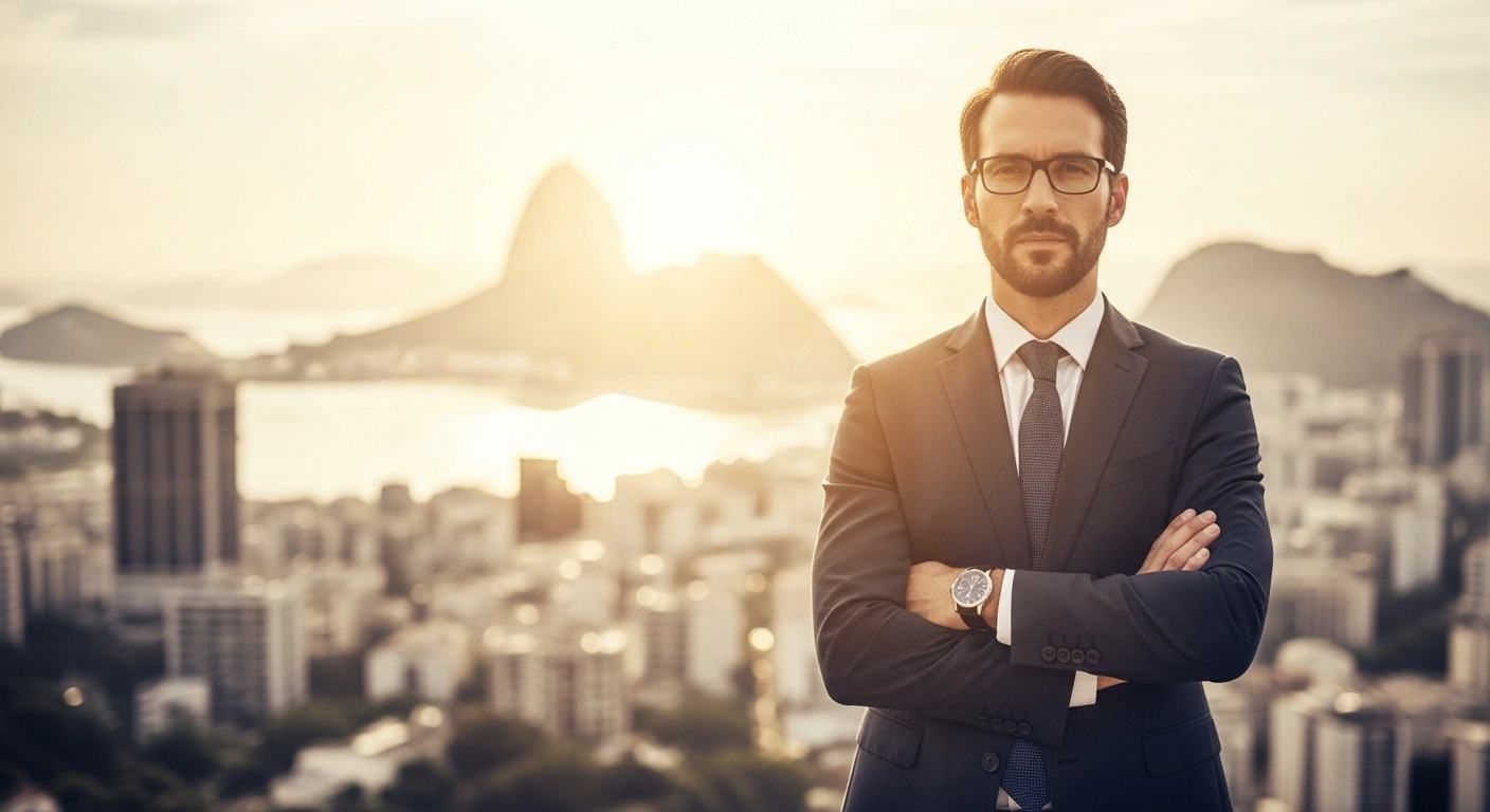 Entrepreneur Rony Jabour stands in front of the Rio de Janeiro skyline to promote the SAFE Tour for occupational safety and leadership training.