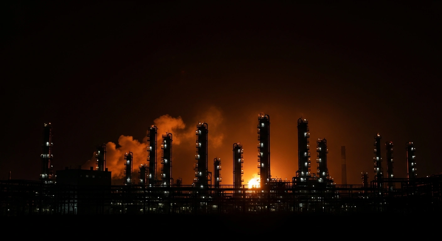 A sprawling Rosneft-owned Ryazan Oil Refinery at night, with towering distillation columns partially illuminated by flickering orange light from a contained fire and wisps of smoke, depicting the aftermath of a Ukrainian drone attack on December 5-6, 2025.