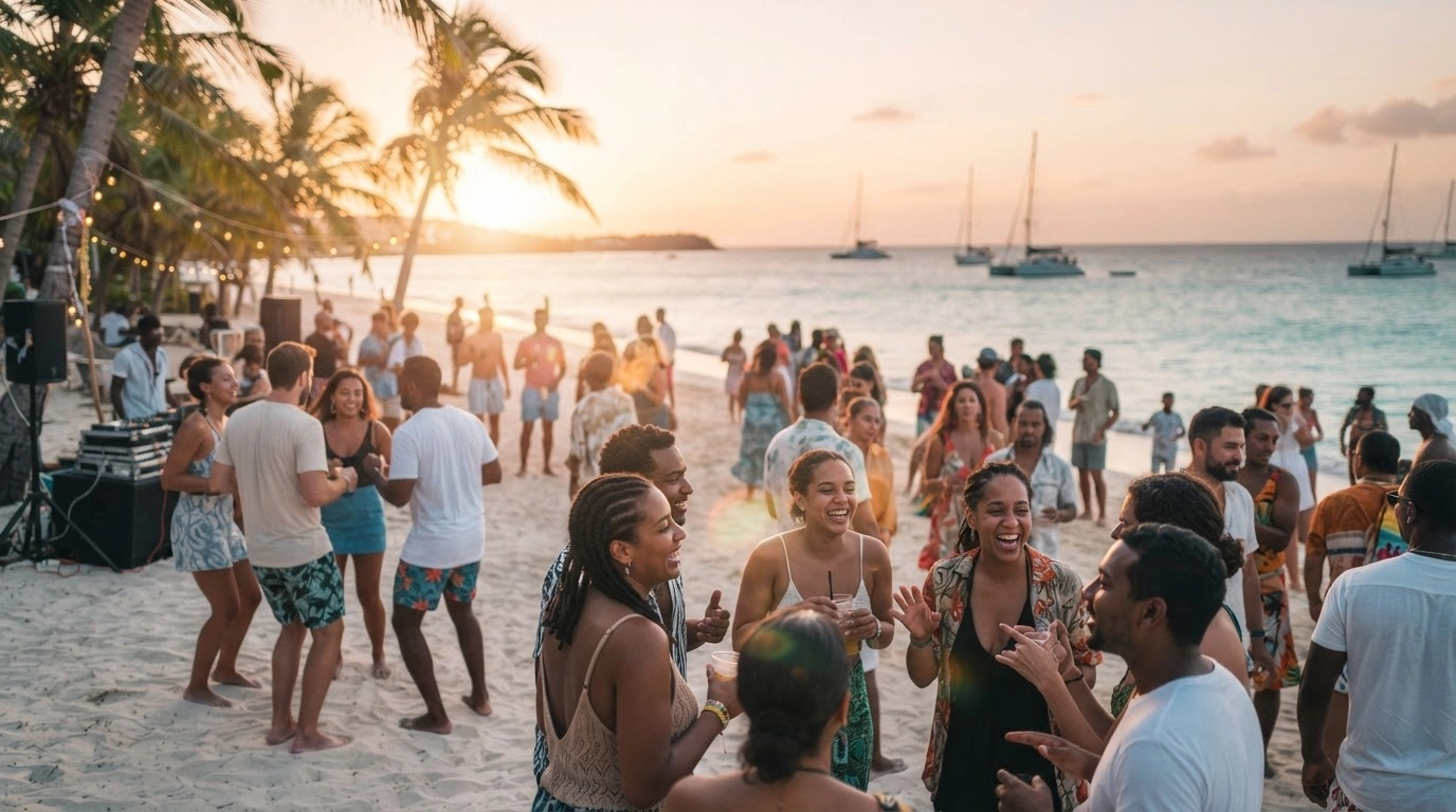 A diverse group of people gathers for a public celebration on the sandy shores of Orient Bay Beach in Saint Martin during a sunny day.