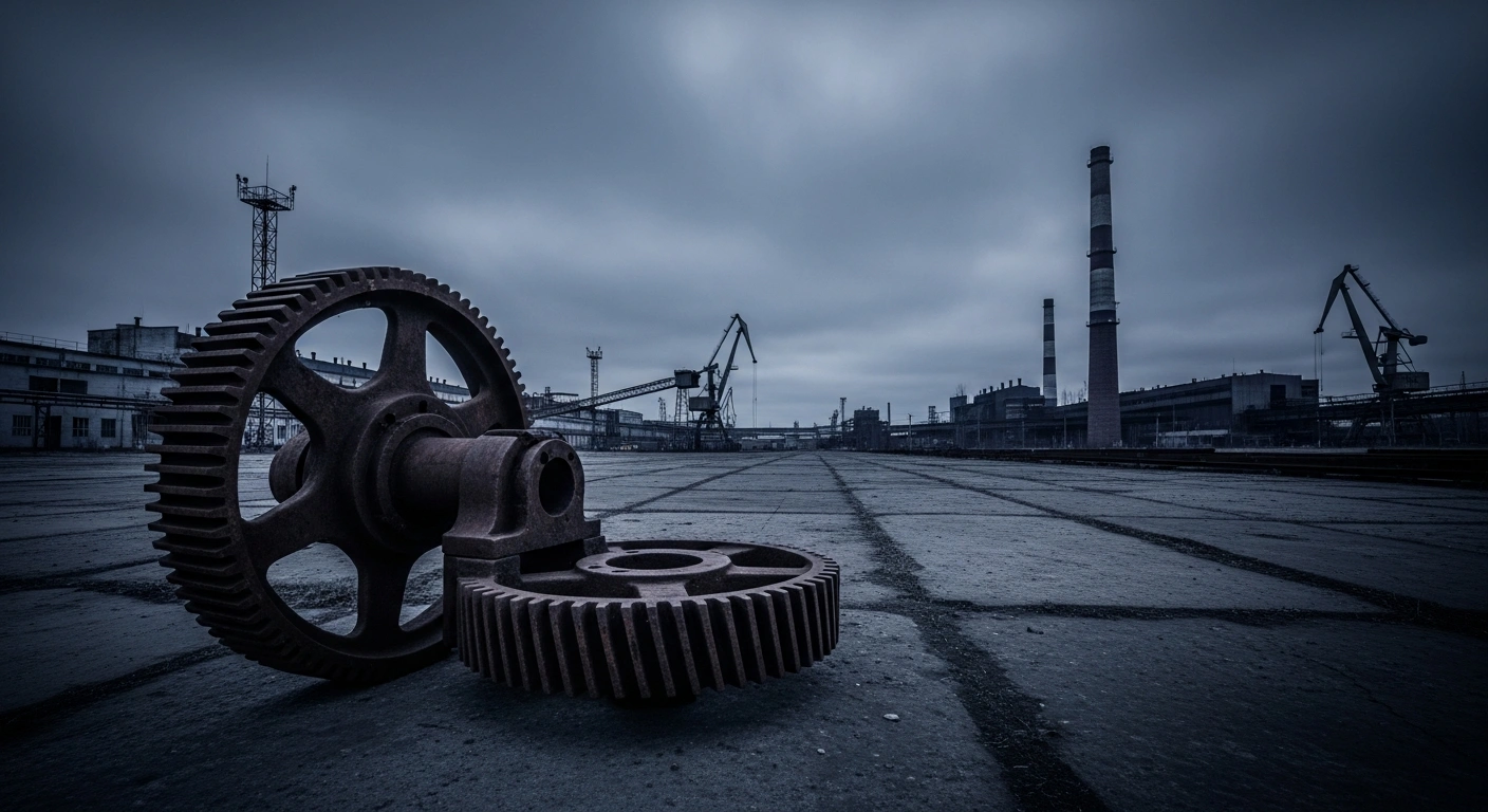 The industrial facilities of the Russian defense conglomerate Rostec are shown under a gloomy sky to represent the company's significant financial decline.