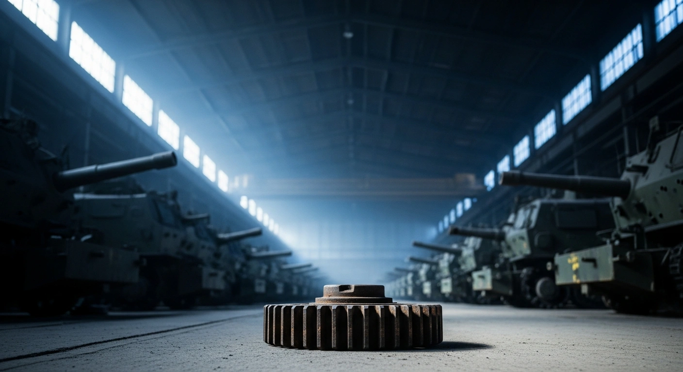 A dimly lit, abandoned-looking industrial factory floor representing the financial downturn of the Russian defense conglomerate Rostec.