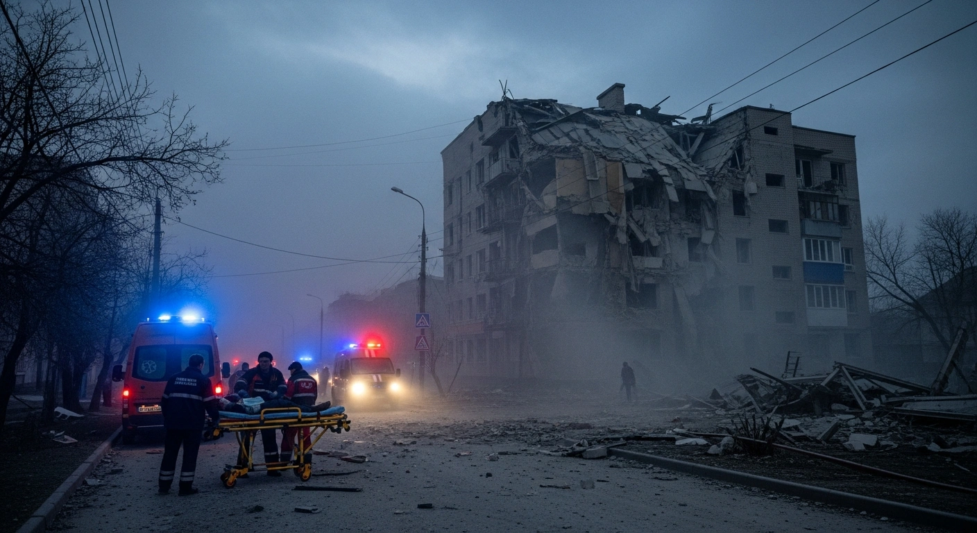 Emergency services respond to a partially collapsed building in Rostov-on-Don, Russia, at dawn, following a Ukrainian drone attack that resulted in casualties, with debris scattered on the street and emergency lights flashing.