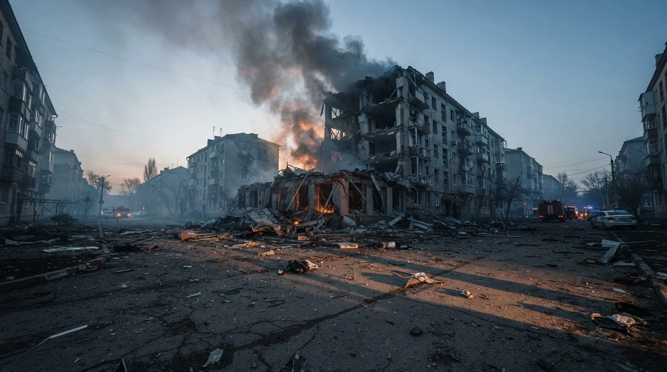 The smoldering ruins of residential buildings in the Rostov region following a series of Ukrainian drone attacks.