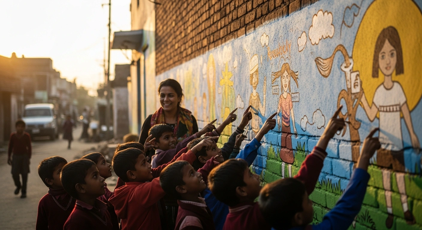 Indian artist Rouble Nagi observes a vibrant educational mural on a brick wall in a village, surrounded by joyful children interacting with the colorful art at golden hour.