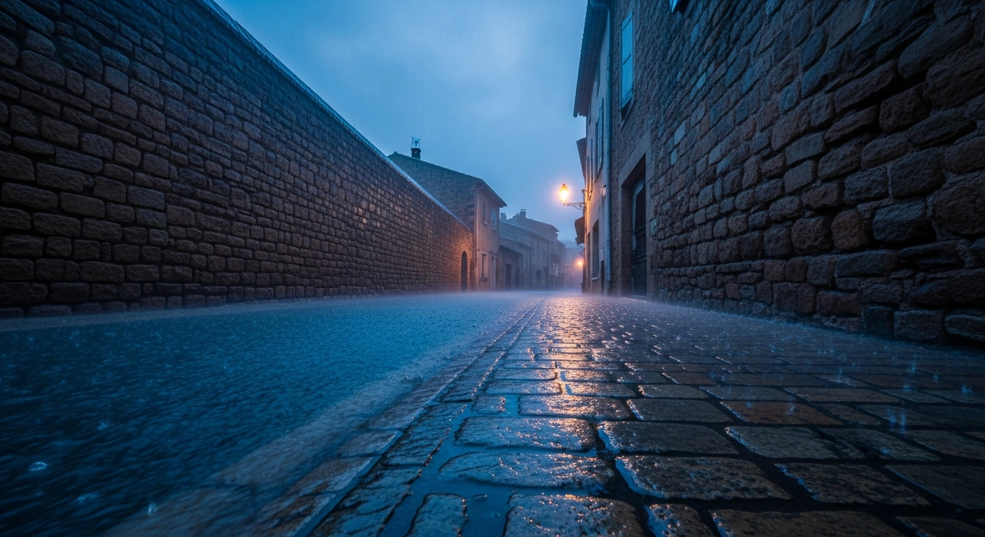 Heavy rainfall floods a historic street in the Roussillon region of southern France during the Regina depression weather event.