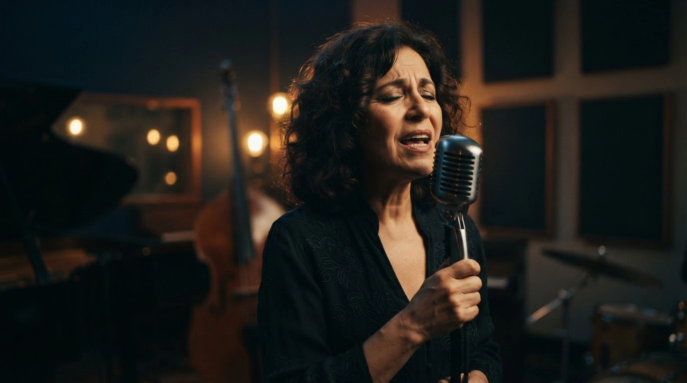 A portrait of the acclaimed Argentine jazz vocalist and composer Roxana Amed performing in a dimly lit studio setting.