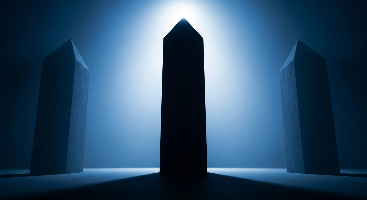 A dramatic, low-angle shot of a brightly lit, ascending central column flanked by two subtly receding columns under softer light, visually representing the increase in primary support for One Nation and minor decreases for the ALP and L-NP Coalition, as indicated by the Roy Morgan Poll.