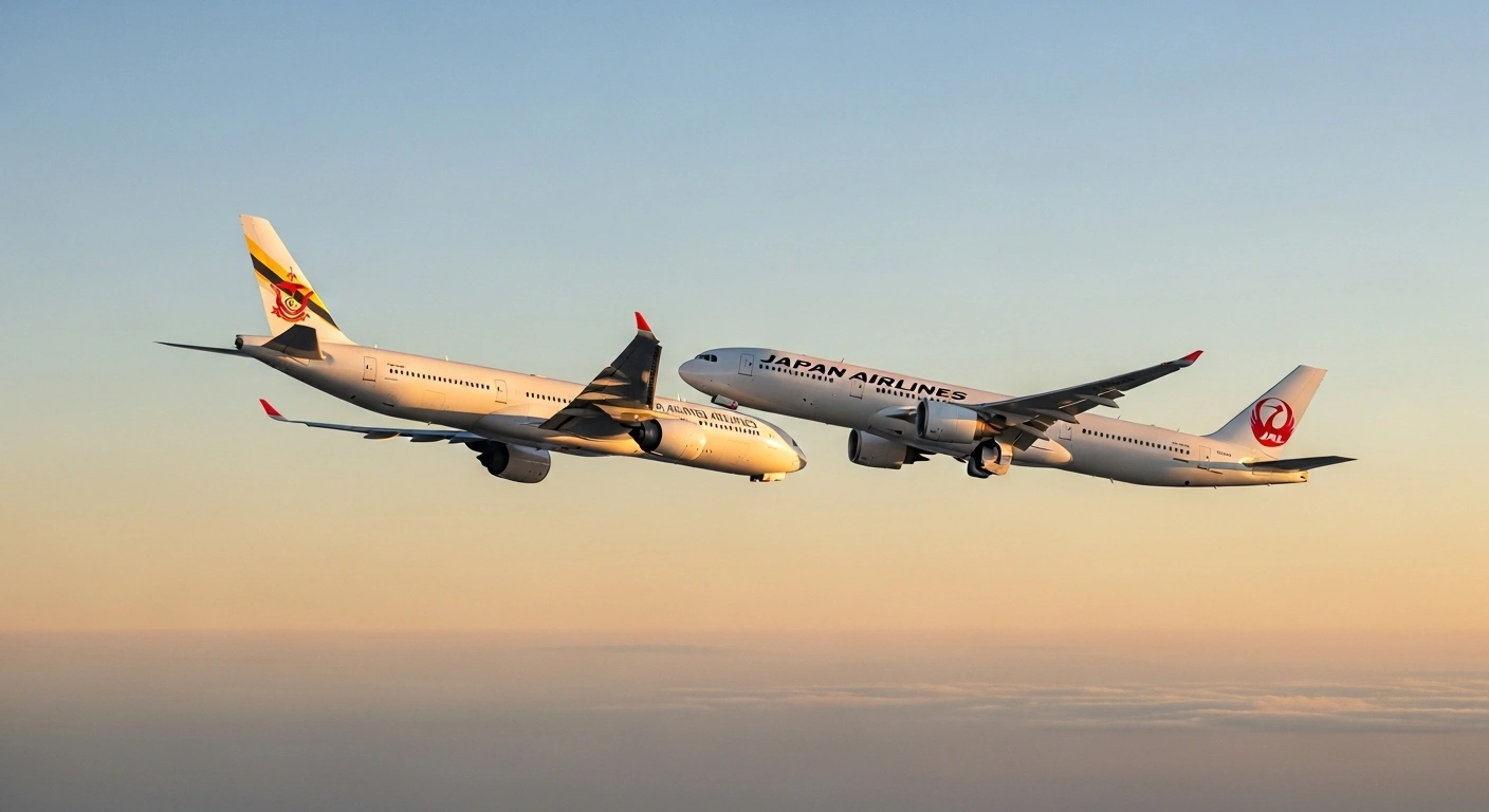 Two commercial airliners, one with Royal Brunei Airlines livery and the other with Japan Airlines livery, are depicted in a synchronized ascent against a golden hour sky, symbolizing their recommenced strategic codeshare partnership to enhance connectivity and travel options.
