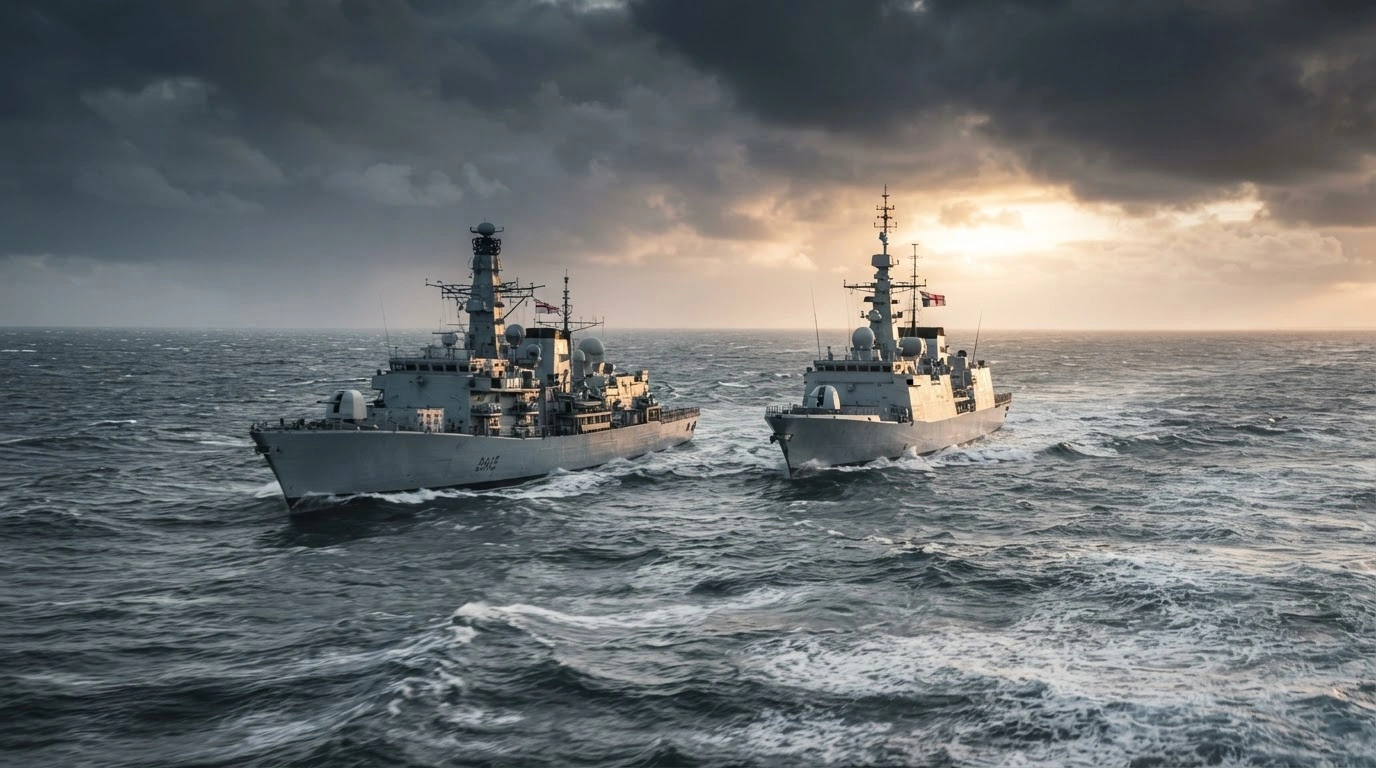 A Royal Navy frigate and a French Navy destroyer sail together in the North Atlantic during a NATO maritime command transition.