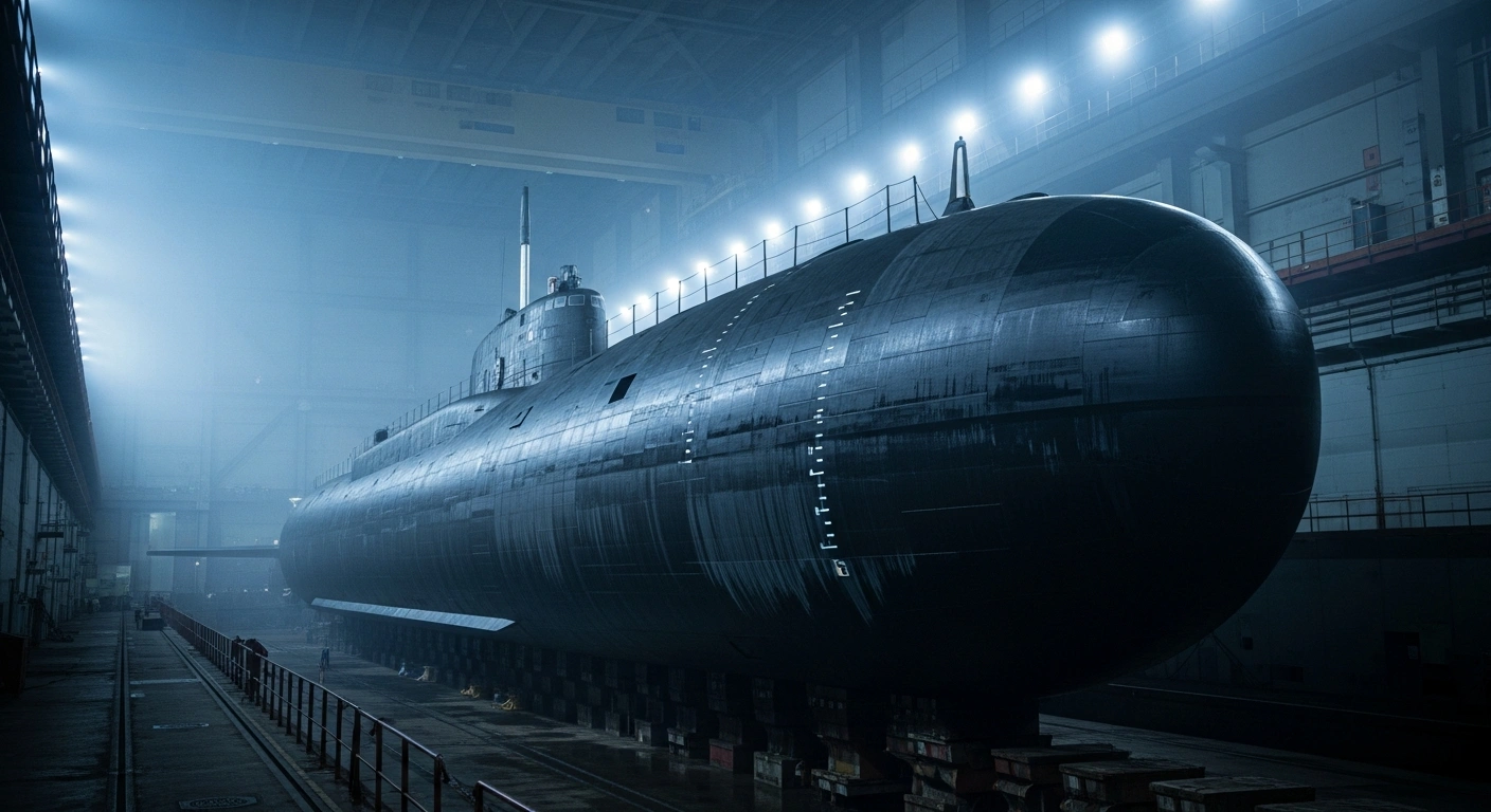 A Royal Navy attack submarine sits idle inside a dark, industrial dry dock during a period of fleet maintenance.