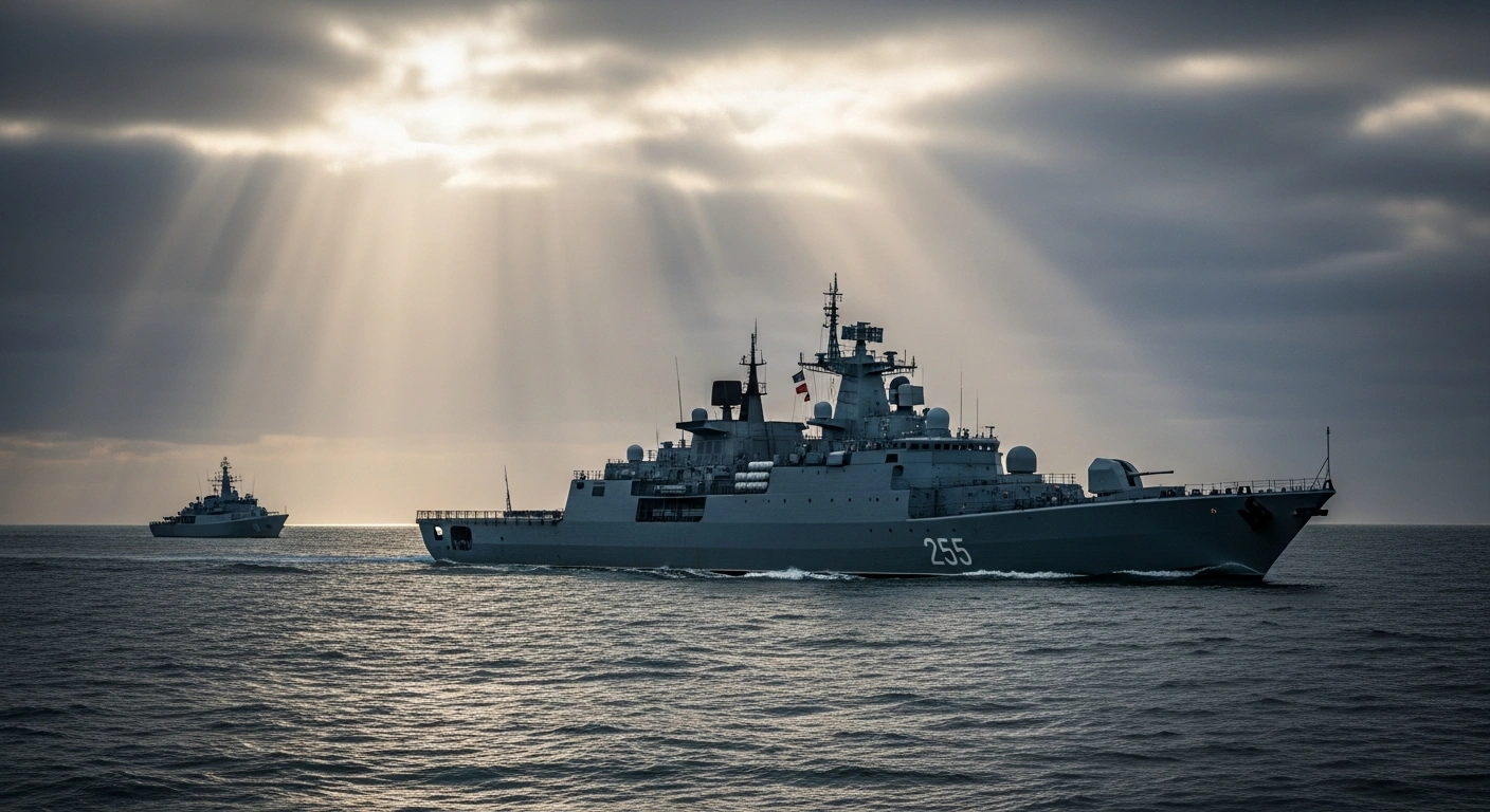 A Russian frigate conducts exercises in the English Channel while being monitored by a Royal Navy vessel to ensure maritime security.