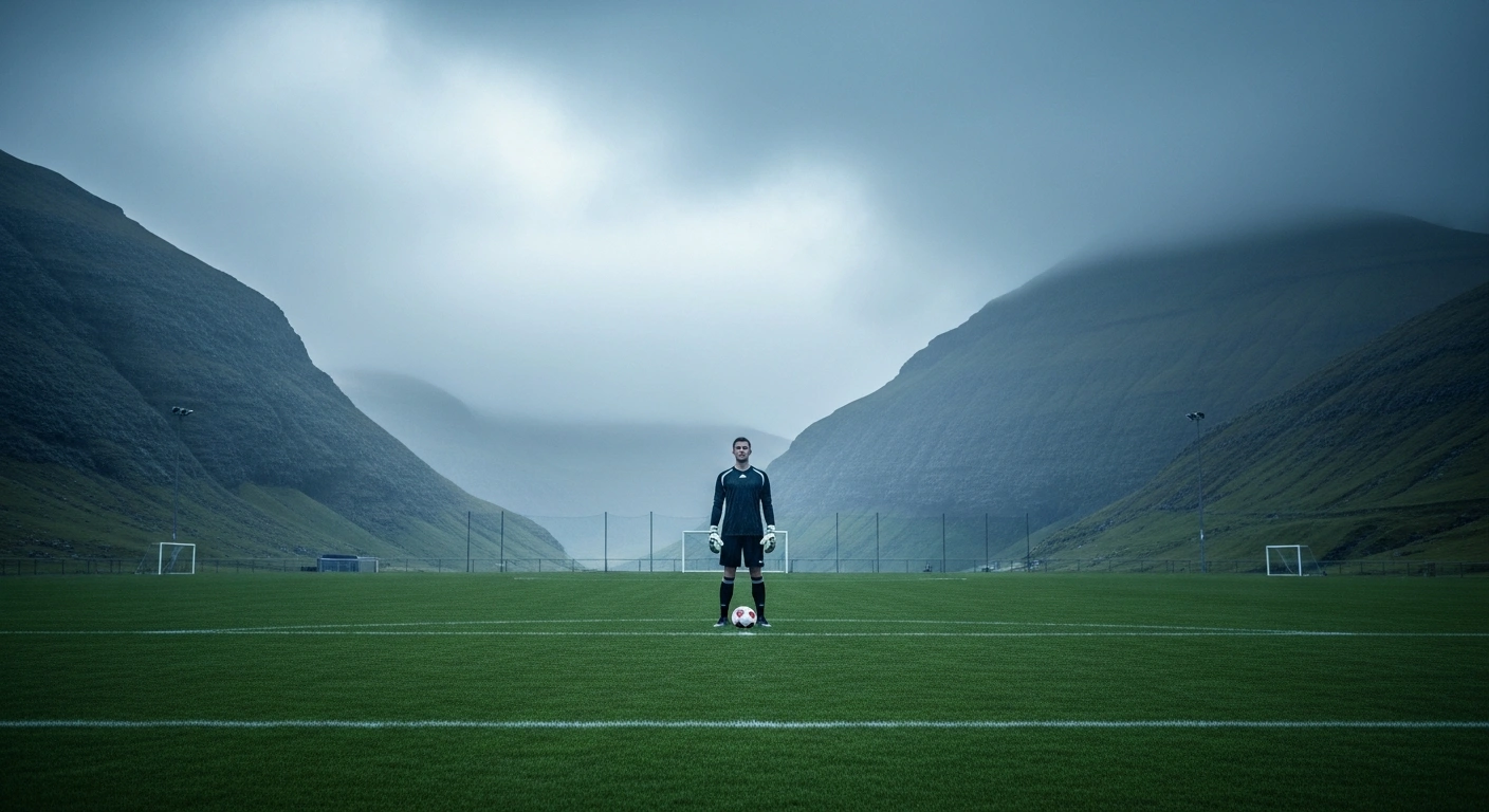 American goalkeeper Royce Smith stands on a soccer field in the Faroe Islands after joining the club Tvøroyrar Bóltfelag.