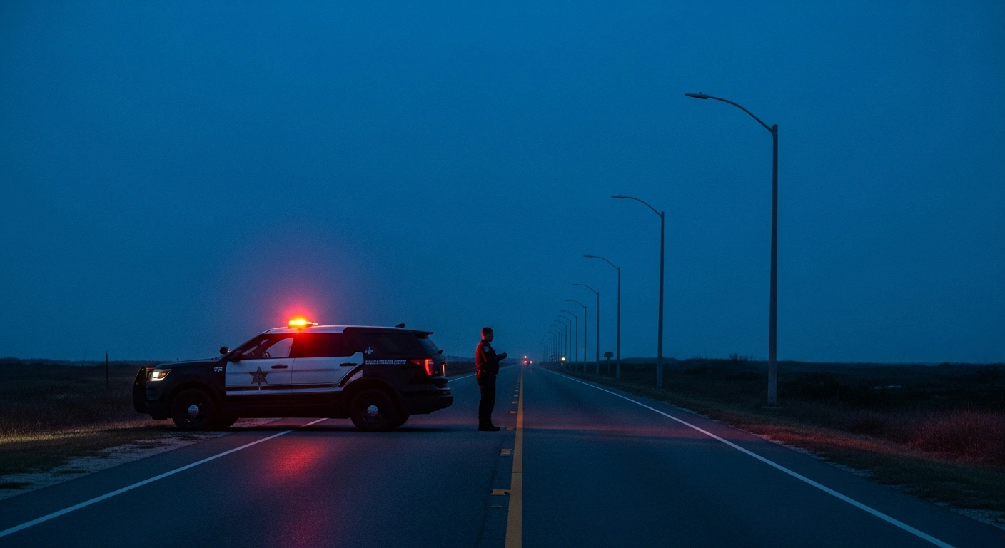 An unmarked black SUV with subtle flashing lights is parked on a desolate South Padre Island road at dawn, casting long shadows, with a lone figure standing nearby, depicting the aftermath of the fatal shooting of Ruben Ray Martinez by HSI agents.