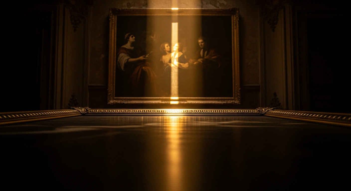 A Peter Paul Rubens painting, 'Christ on the Cross,' is dramatically illuminated by a single beam of light in a dusty, opulent Parisian townhouse, symbolizing its recent discovery and sale for €2.3 million at an Osenat auction in Versailles, France.