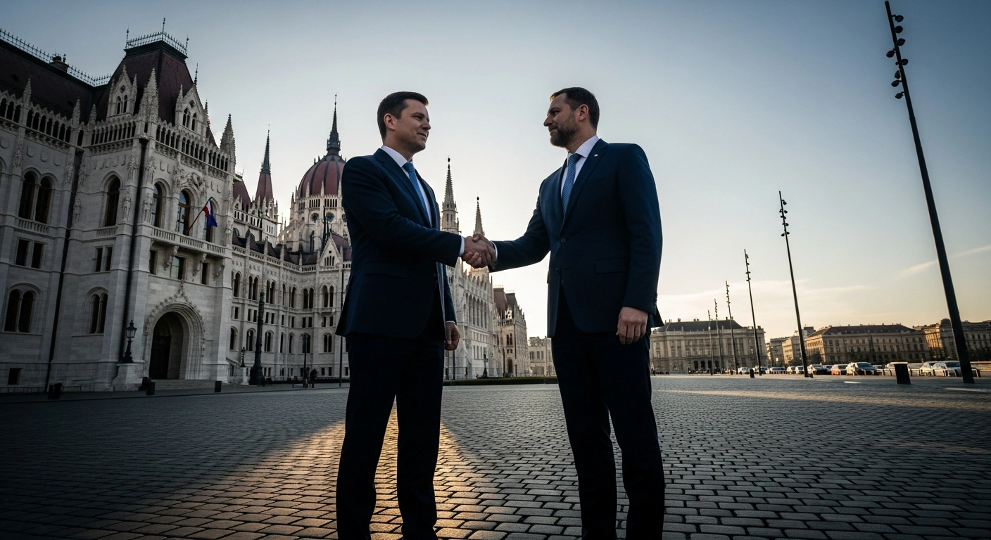 US Secretary of State Marco Rubio and Hungarian Prime Minister Viktor Orban shake hands in a formal diplomatic meeting in front of the Hungarian Parliament building in Budapest, symbolizing strengthened bilateral and energy partnership discussions.