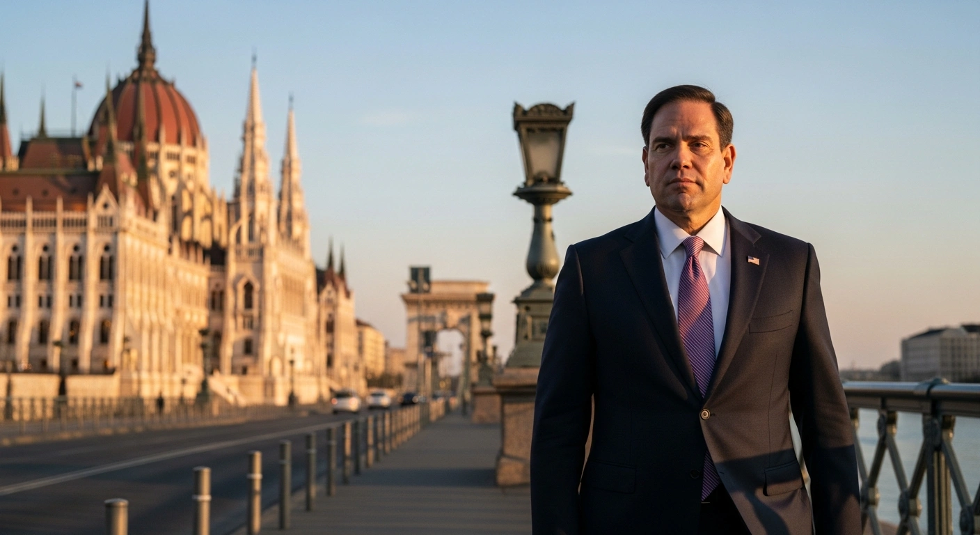 U.S. Secretary of State Marco Rubio stands on a historic bridge in Budapest, Hungary, with the Hungarian Parliament building in the background, symbolizing his upcoming diplomatic visit to bolster bilateral and regional interests and discuss peace processes and energy cooperation.