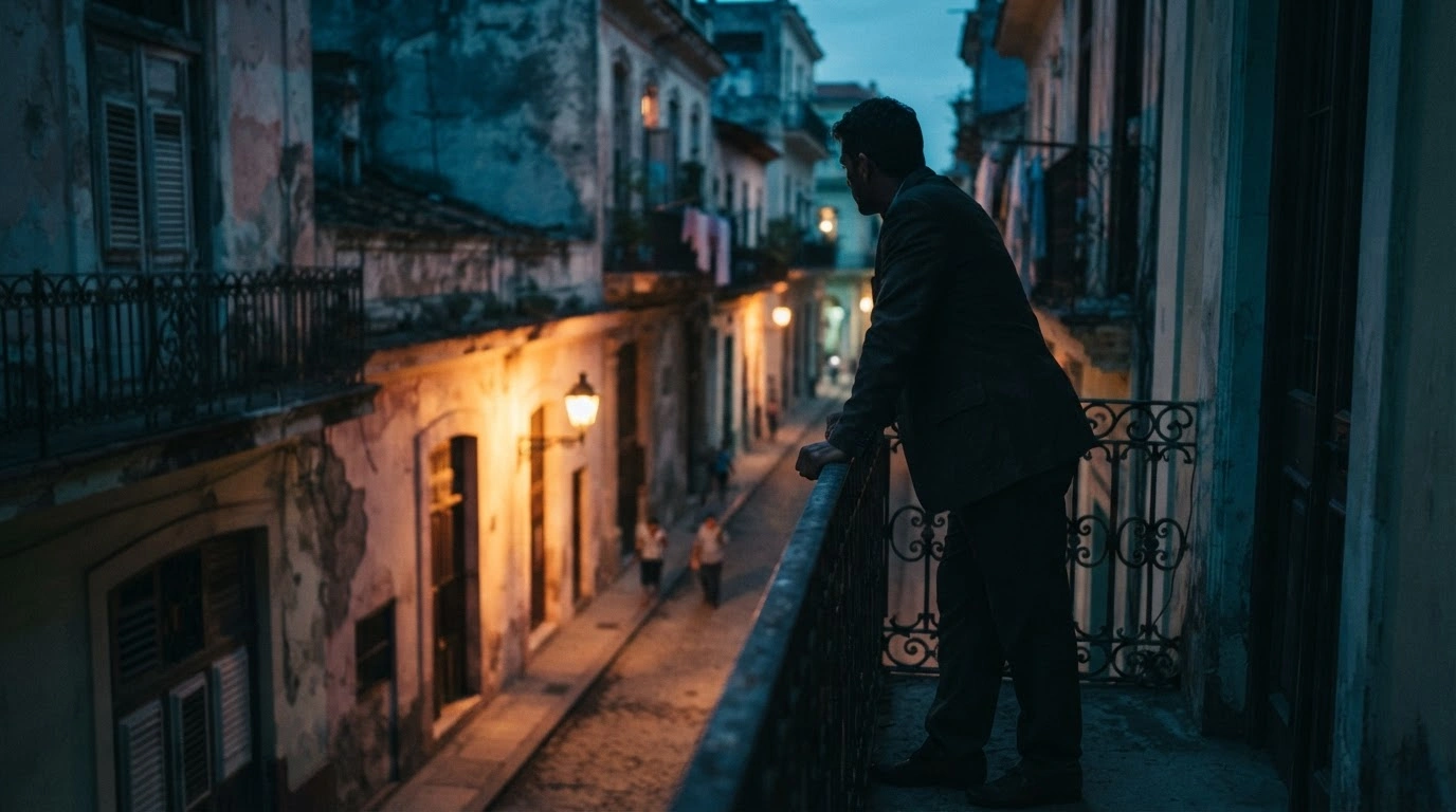 A silhouette of a man stands on a balcony in Havana, representing the U.S. government's call for Cuban citizens to form intelligence partnerships with the CIA.