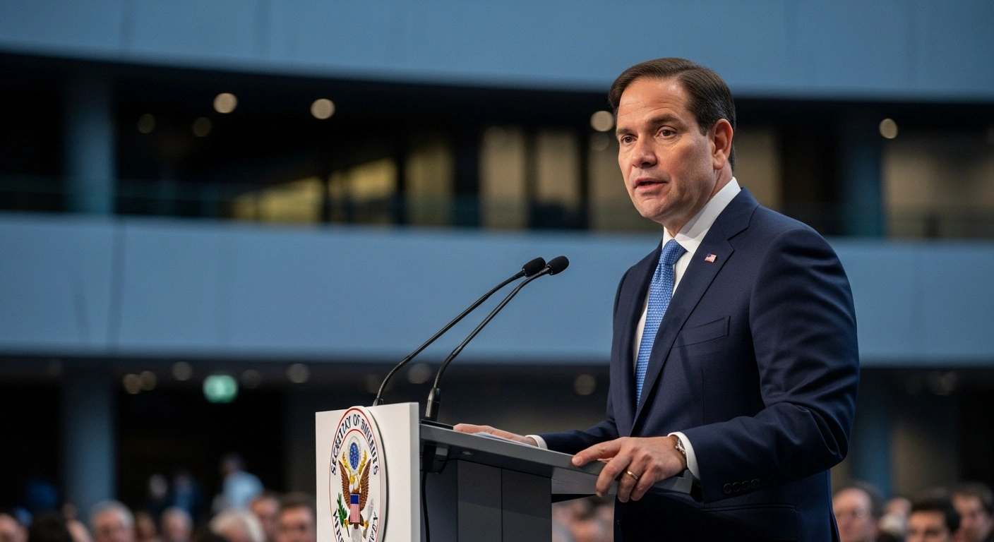 US Secretary of State Marco Rubio delivers a keynote address at the Munich Security Conference, standing at a podium under a spotlight, discussing transatlantic relations and emphasizing the enduring bond between the United States and Europe.