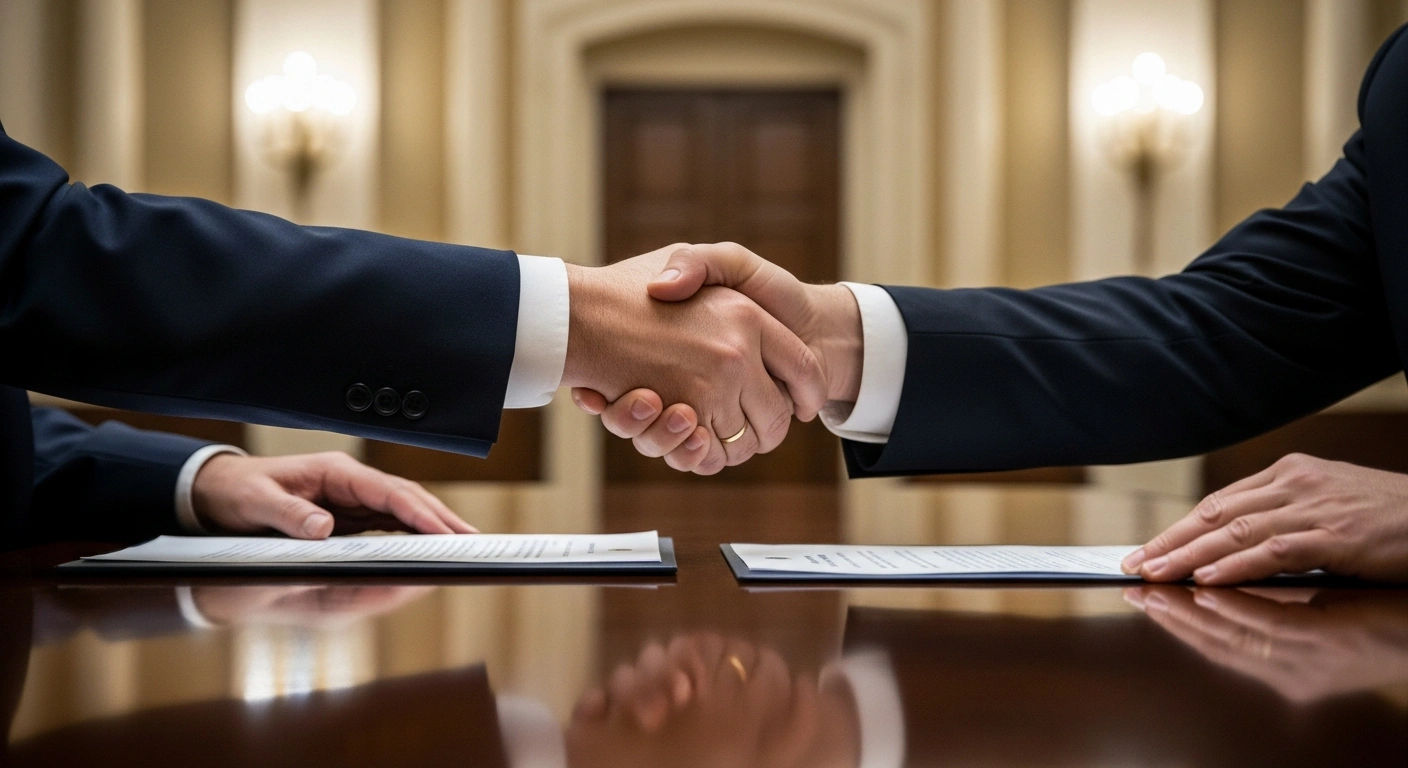 US Secretary of State Marco Rubio and Hungarian Prime Minister Viktor Orbán shake hands over a signed civilian nuclear cooperation agreement in a grand room in Budapest, symbolizing deepened energy ties and diversification of Hungary's nuclear supply.