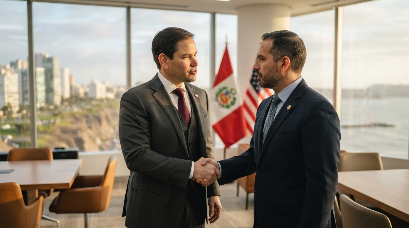U.S. Secretary of State Marco Rubio shakes hands with a Peruvian official during a diplomatic meeting to discuss regional security and anti-cartel partnerships.