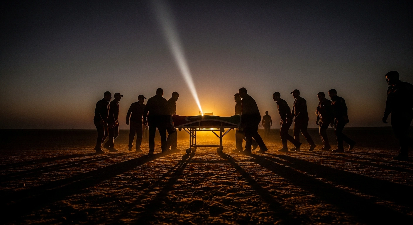 A solemn transfer of a flag-draped stretcher, representing the body of Argentine-Israeli hostage Lior Rudaeff, occurs at dusk across a border, facilitated by Hamas and Palestinian Islamic Jihad to Israel as part of a US-brokered ceasefire agreement, following his death defending Kibbutz Nir Yitzhak during the October 7, 2023, attack.