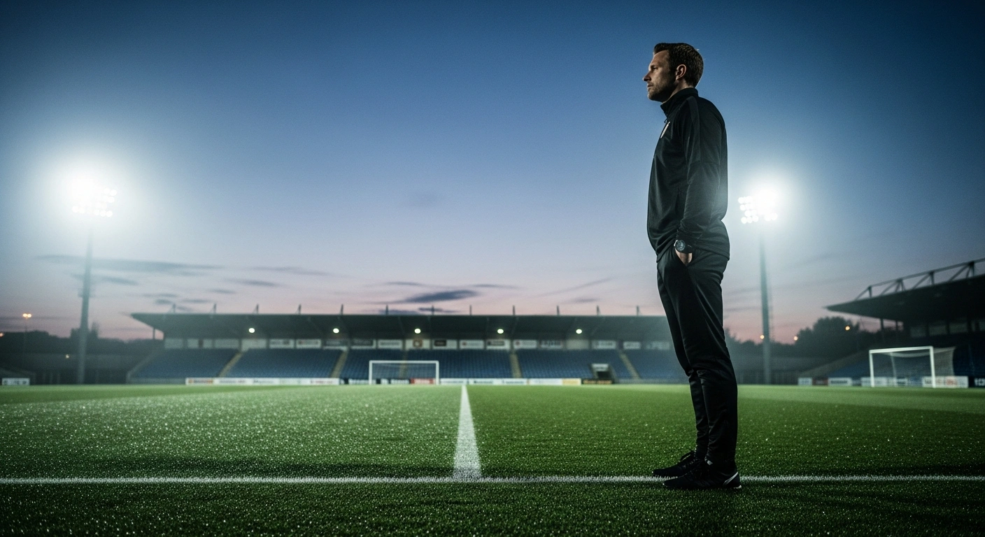 German national team sporting director Rudi Voeller stands on a soccer field at dusk, emphasizing the team's focus on the upcoming World Cup.